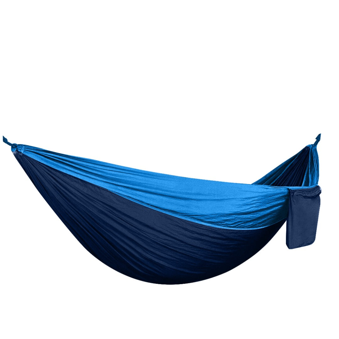 Blue and navy hammock on a white background