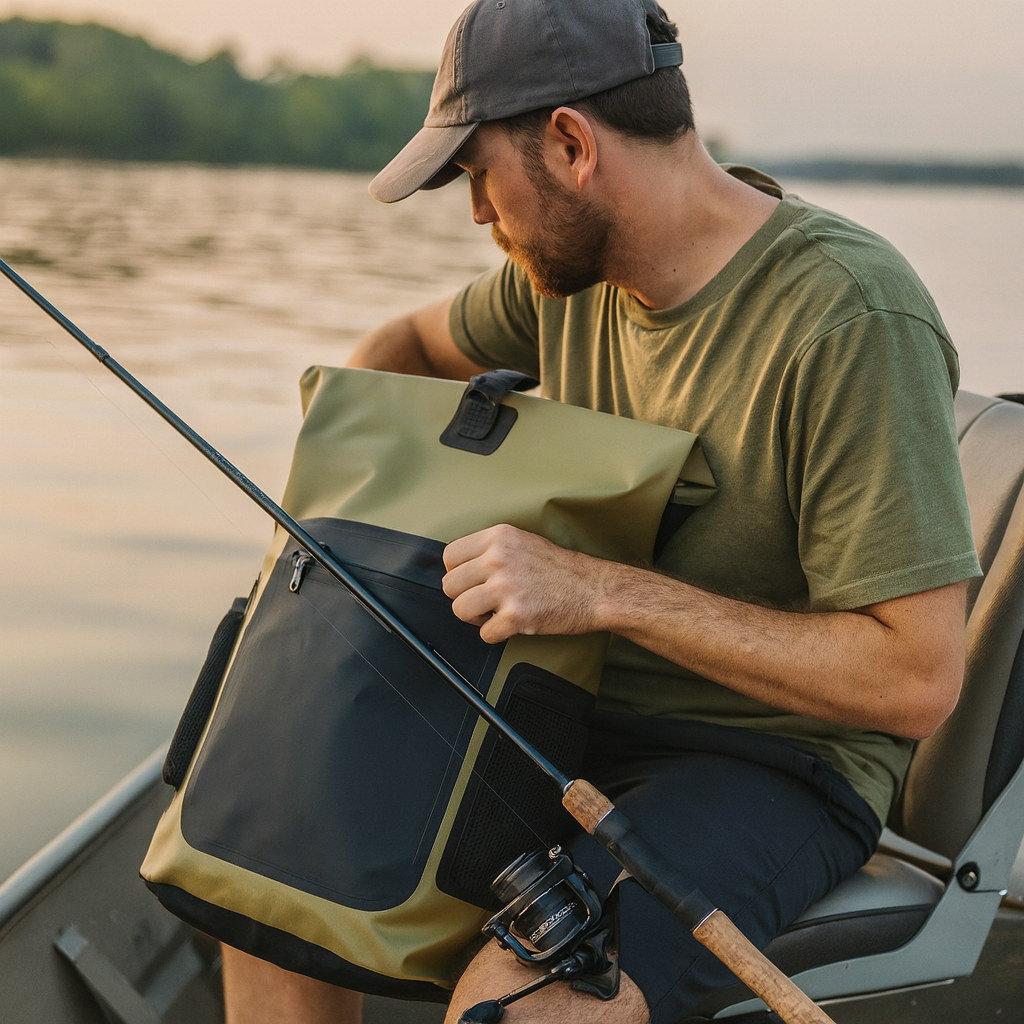 Man sitting on a boat holding a fishing rod and a green bag by a lake.