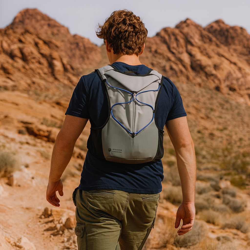 Person with a backpack walking in a desert landscape