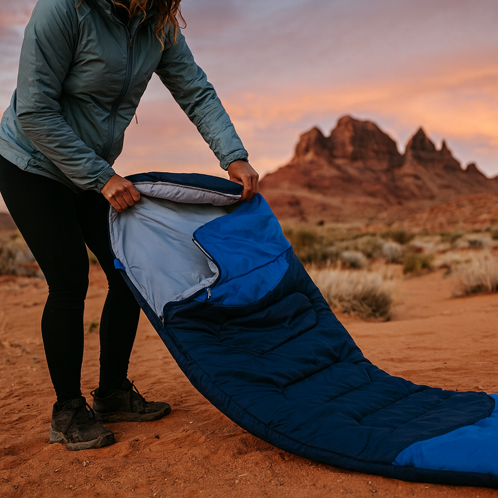 Person setting up a sleeping bag in a desert landscape with a sunset sky.