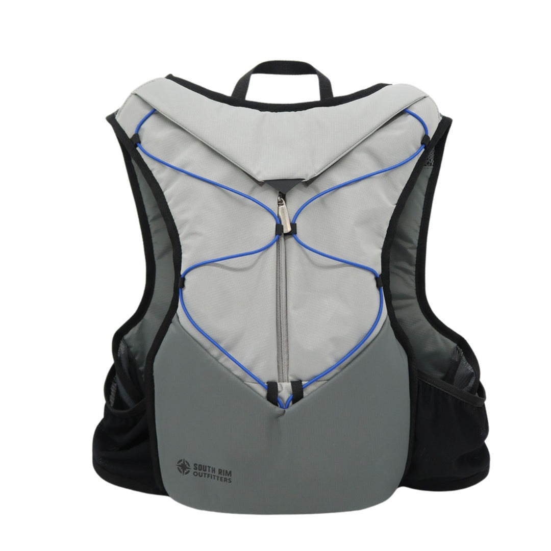 Gray and black backpack with blue accents on a white background