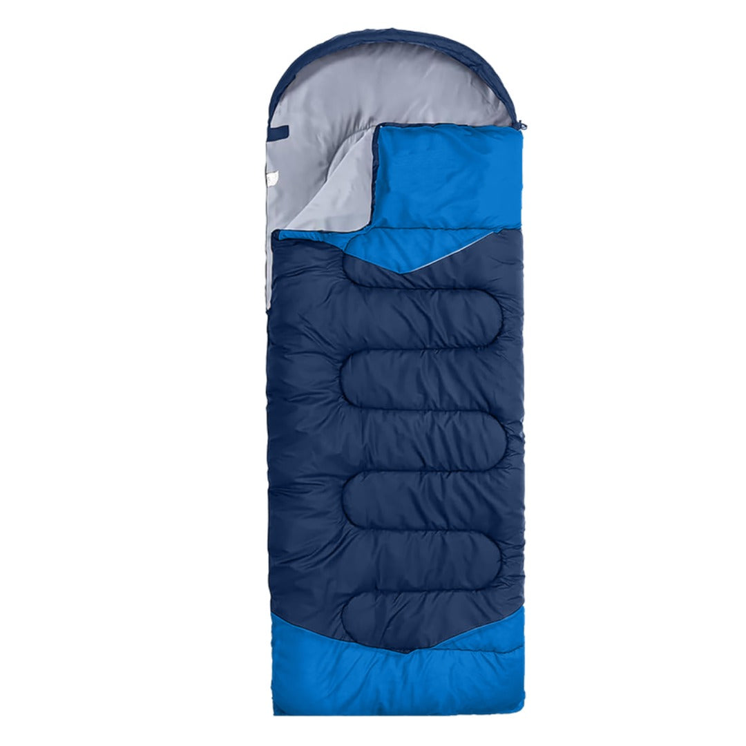 Blue and gray sleeping bag on a white background