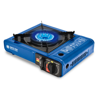 Blue portable gas stove with visible branding on a white background