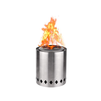 Stainless steel fire pit with flames on a white background