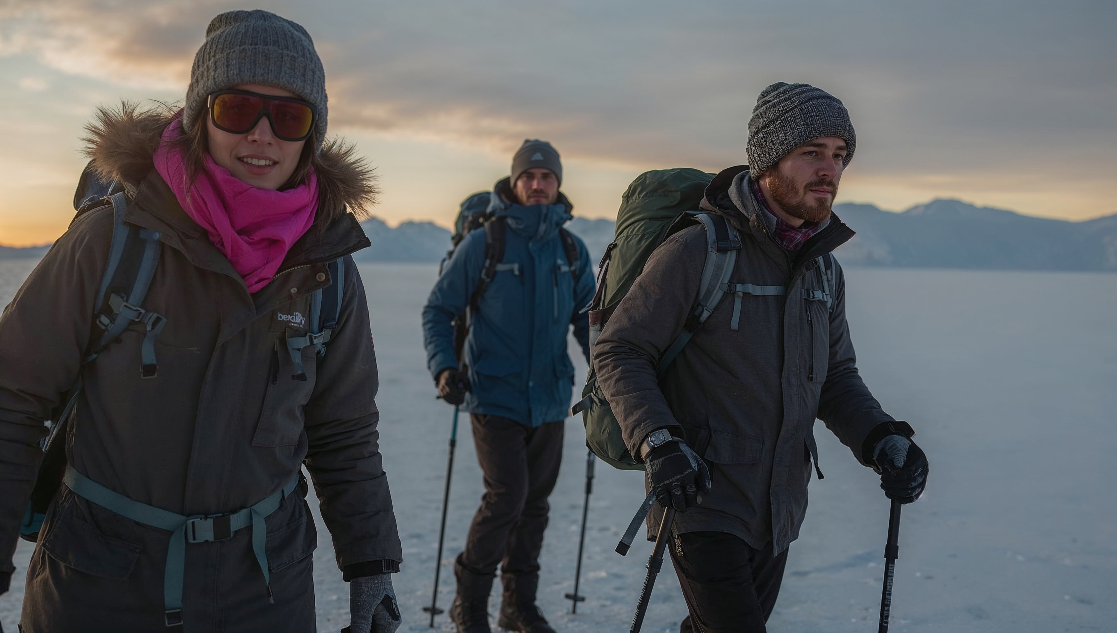 Three people hiking on a snowy landscape with mountains in the background
